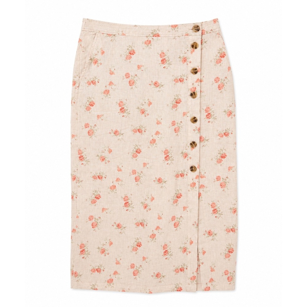 Shabby Chic 100% Petal Pink Floral Linen Midi Skirt Buttons Cottagecore Romantic